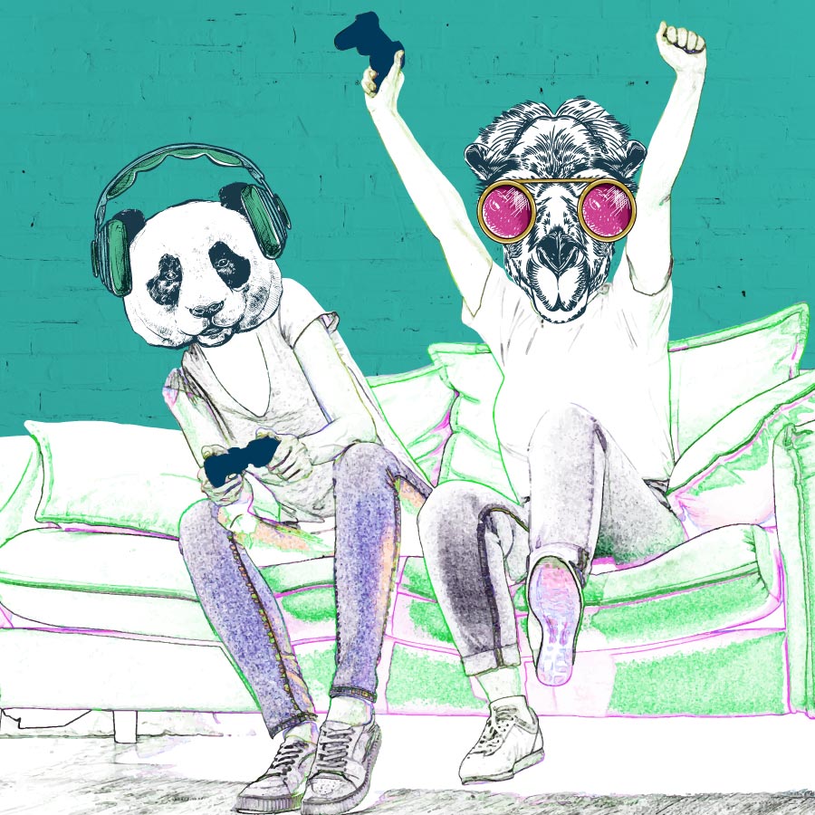 Illustration of two friends playing video games while sitting next to each other on a couch. Teens have the heads of cartoon animals.