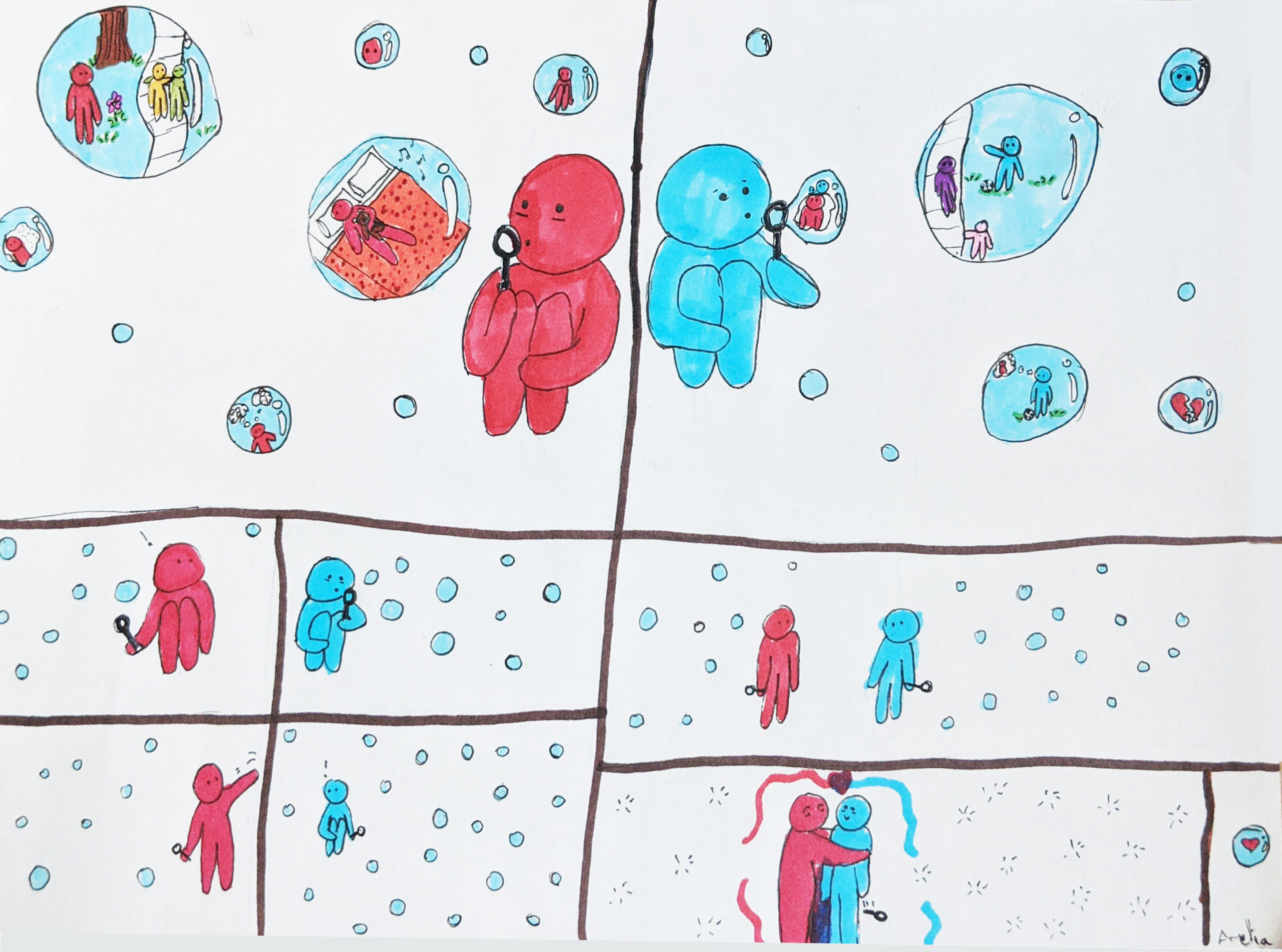 Drawing done in marker shows one person (drawn in red) blowing a bubble to another person (drawn in blue). The two blow bubbles to each other. They are communicate through bubbles in the story board and embrace in a hug in the final scene.