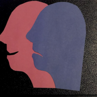 A piece of artwork that shows the silhouette of one smiling face and one frowning face.