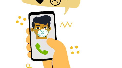 A Graphic of someone holding a Facetime call with someone wearing a a mask.